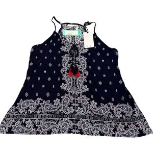 LUQ Rachell Tie Detail Halter Top Navy Paisley Boho Tassel Medium NEW